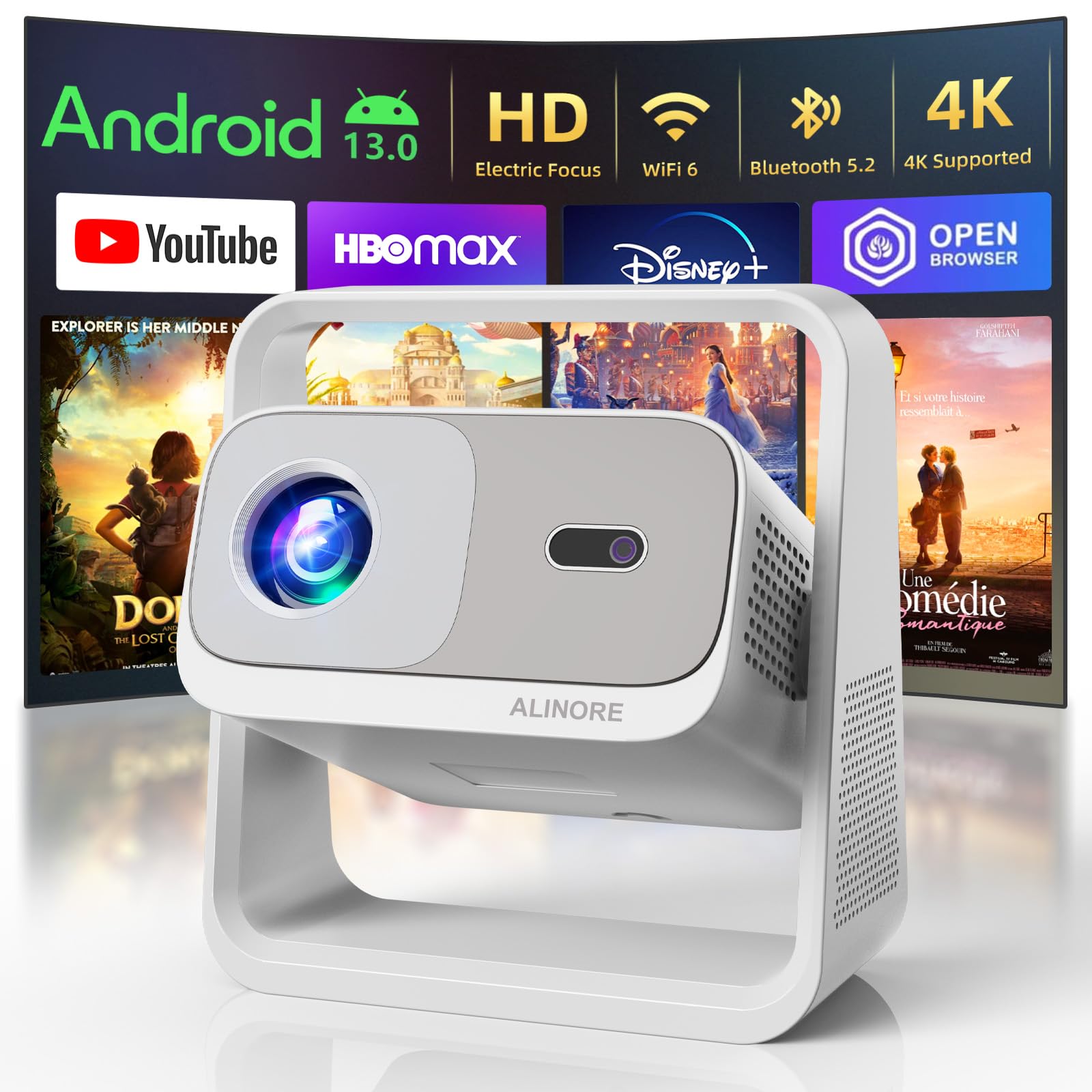Photo 1 of ALINORE Smart Projector with WiFi and Bluetooth, Built-in Apps, Electric Focus & Auto Keystone Portable Outdoor Projecor, Native 1080P Projector 4K Support, Movie Projector for Home Theater (White)