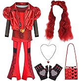 Kid Girl Red Cosplay Costume Flare Pants Top Jacket Princess Halloween Clothing with Wig Heart Necklace Gloves Bag