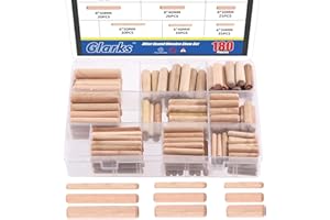Glarks 200Pcs 1/4" 5/16" 3/8" Wooden Dowel Pins Set, 9 Sizes Straight Dowel Rods Fluted Wood Dowel Plugs with Beveled Ends Ta