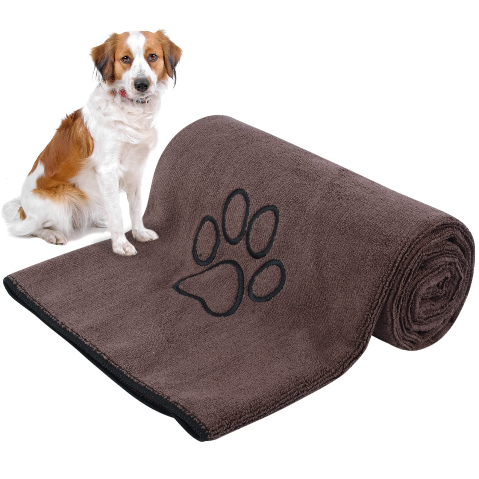 KinHwa Microfibre Dog Towels Large 127cm x 76cm Super Absorbent and Quick Dry Pet Towels for Bath Dogs Cats with Embroidered Paw Print Brown โ image 1