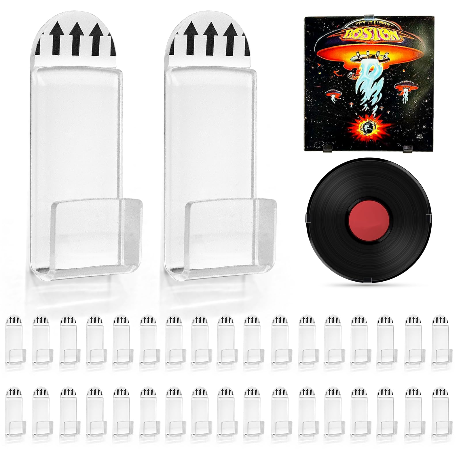 Photo 1 of Vodolo Vinyl Record Wall Mount,36 PCS Acrylic Vinyl Record Holder Self Adhesive Clear Vinyl Display Shelf No Drill Vinyl Storage Shelves for Album Covers Display and Home Wall Decoration