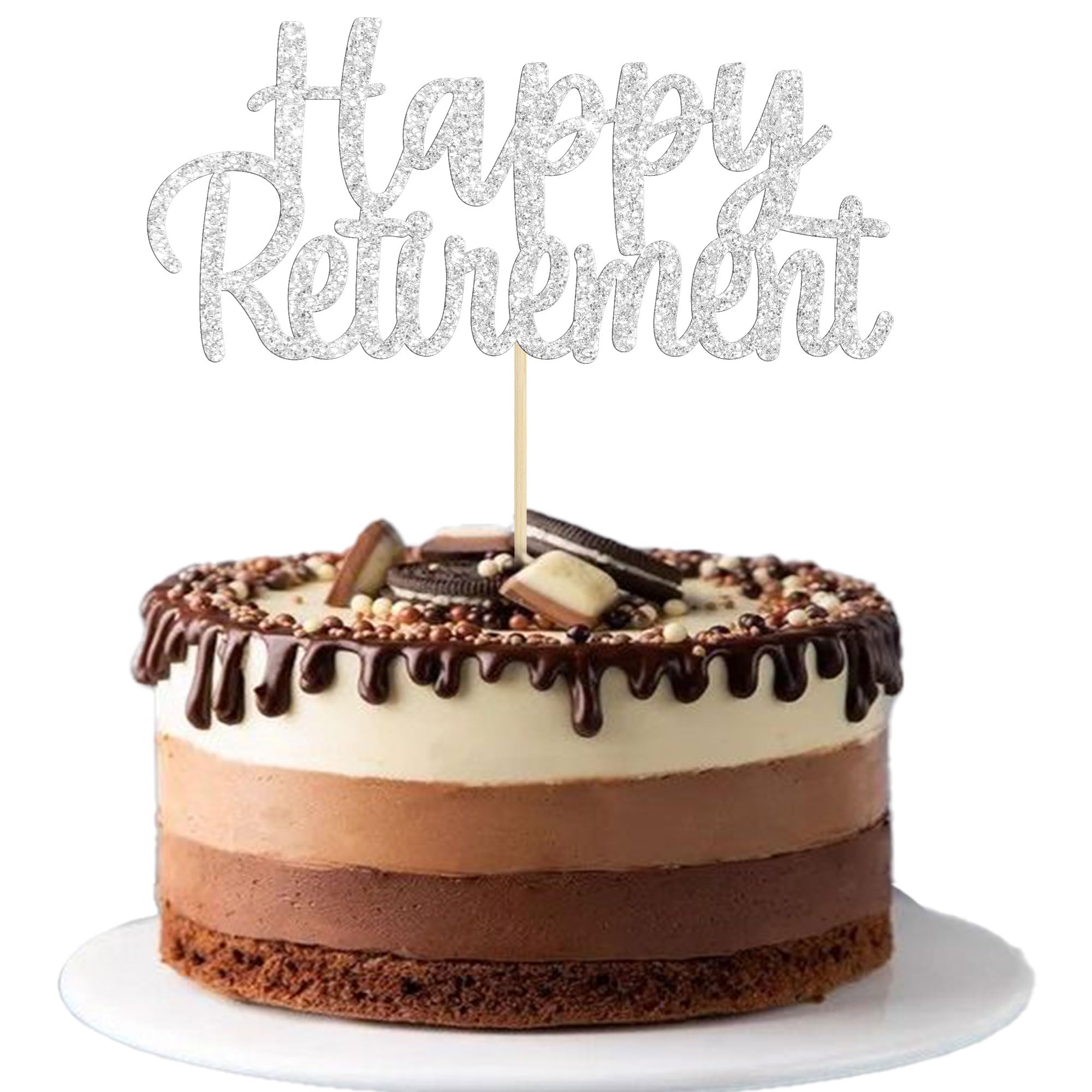 Gyufise Silver Happy Retirement Cake Topper Retirement Cake Decoration Picks for Retired Party Cake Decoration Party Supplies 1 Pack