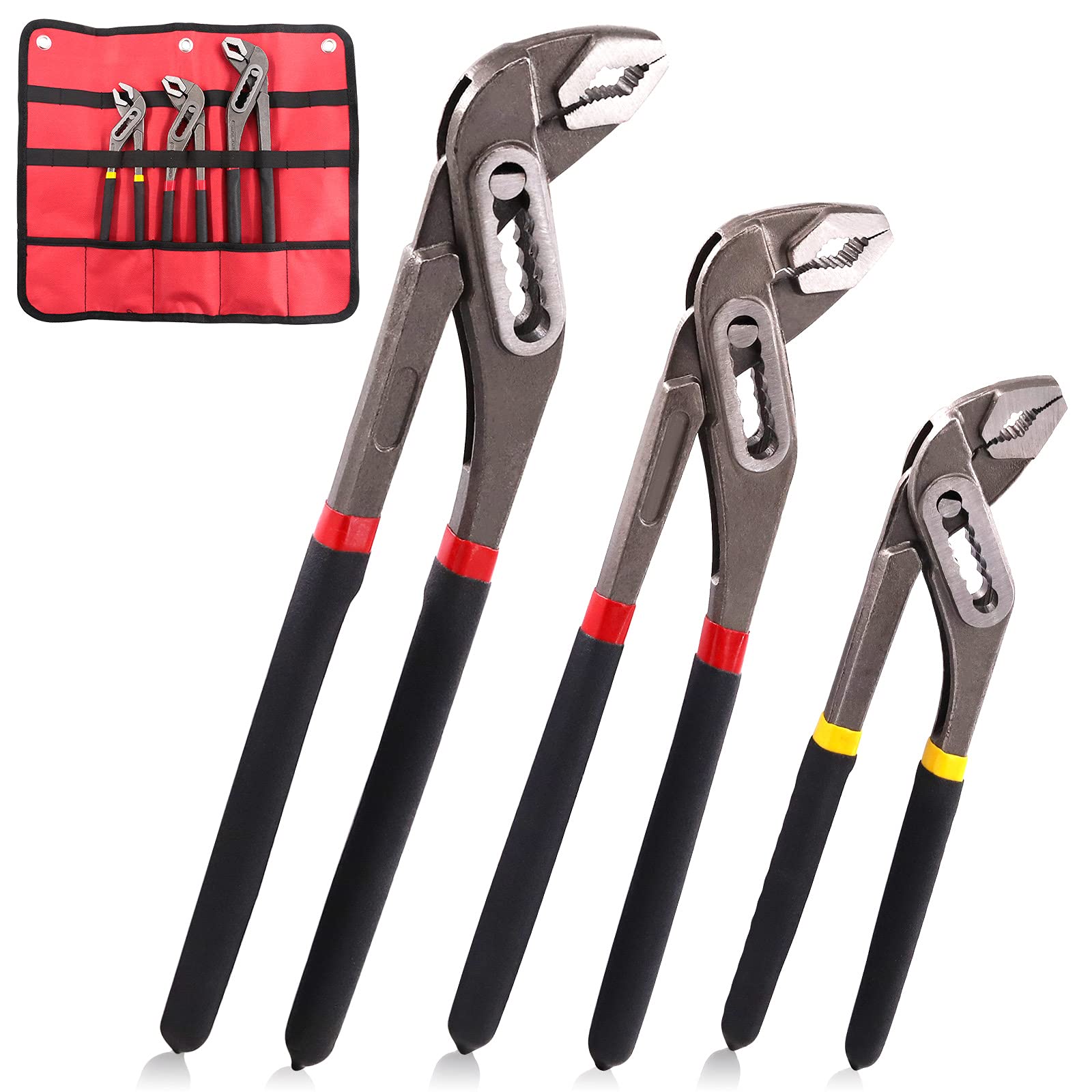 3Pcs Adjustable Alligator Water Pump Pipe Pliers Set 8-Inch, 10-Inch and 12-Inch Groove Slip Joint Pliers V Jaws Pliers Plumbing Pliers with Storage Bag