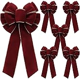 Suncalla 6 Pcs Burgundy Bows 8" x 16" for Christmas Tree, Large Christmas Velvet Bows with Gold Border Waterproof Indoor Outdoor Xmas Tree Elegance Craft for Garland Swags Lantern Outdoor Craft Decor
