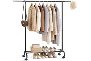 SONGMICS Clothes Rack, Single Clothing Rack, Garment Rack with Extendable Hanging Rails and Wheels, Heavy-Duty Metal Frame, 9