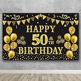 Trgowaul 50th Birthday Backdrop Gold and Black 5.9 X 3.6 Fts Happy Birthday Party Decorations Banner for Women Men Photography Supplies Background Happy Birthday Decoration