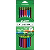 TICONDEROGA Pencils, Wood-Cased Graphite, #2 HB Soft, Pre-Sharpened, Assorted Color Barrels, Black Lead, 10-Pack (13932)