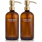 Vine Creations Amber Glass Soap Dispenser Set, Dish Soap and Hand Soap Dispenser Set with Stainless Steel Pump, 16 oz Glass Dispensers for Kitchen or Bathroom Decor (Amber Bottle/Brushed Brass Pump)
