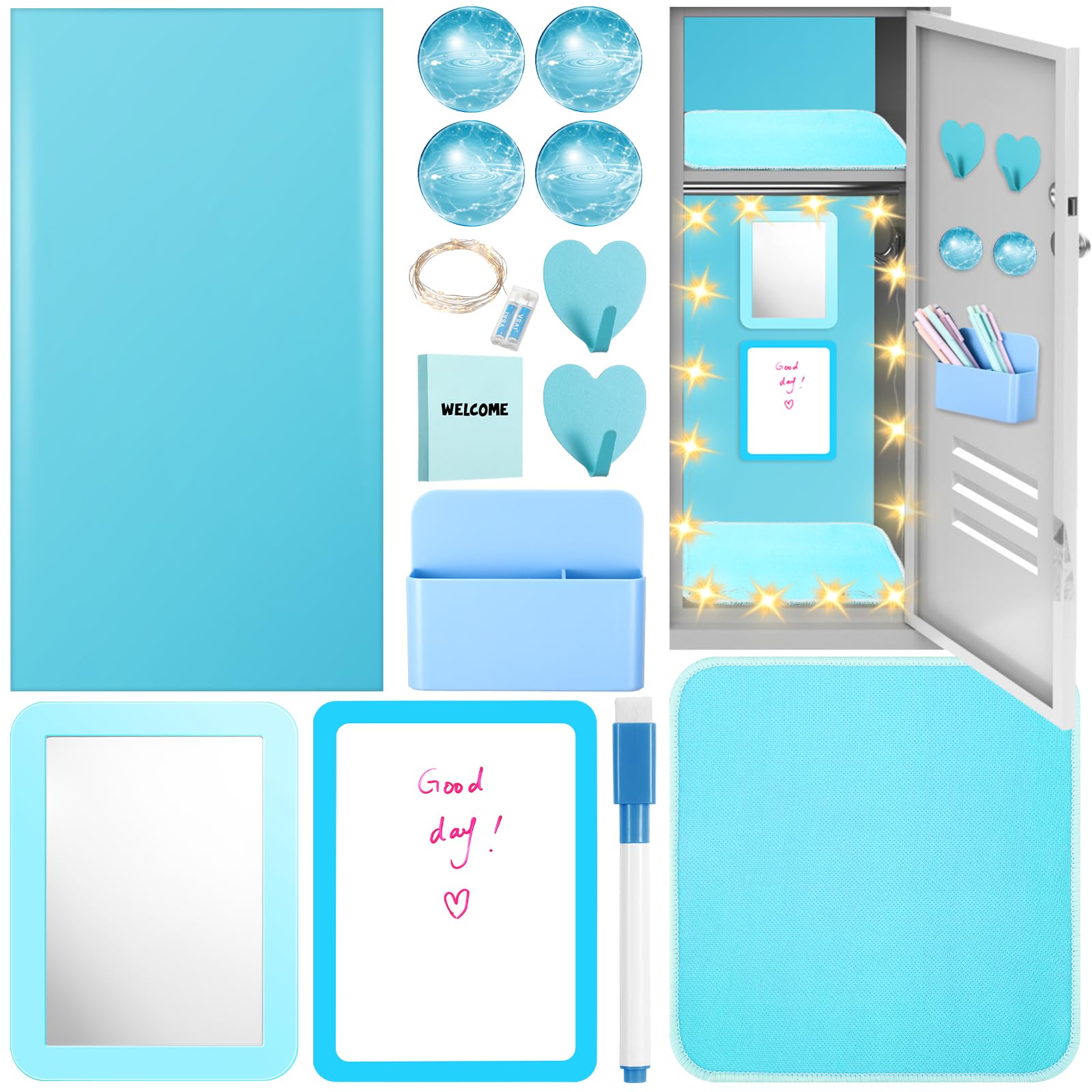 Photo 1 of AmazingSpark 12 Pcs Locker Accessories Kit Magnetic Mirror Pen Holder Hook Whiteboard Wallpaper Magnet Rug Keychain String Light for Back to School Essentials Locker Decoration(Blue,Marble)