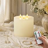 Amagic 3 Wick Extra Large Flameless Pillar Candles with Timer Remote, Ivory | 6"x6" Real Wax Battery Operated LED Candles
