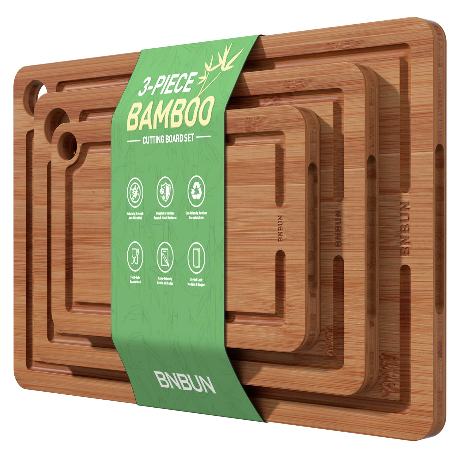 Photo 1 of BNBUN Bamboo Cutting Board for Kitchen, Wood Cutting Board 3 Piece Set with Non-Slip Mat Deep Juice Groove and Built-In Handles, Wooden Cutting Boards for Meat Vegetables Fruit for the Home