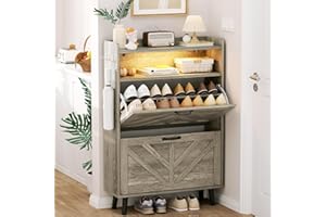 EOYUTLLY Shoe Cabinet Storage for Entryway, Narrow Shoe Rack Cabinet with 2 Flip Drawers, Freestanding Hidden Shoe Rack Storage Organizer (with Light, Grey)