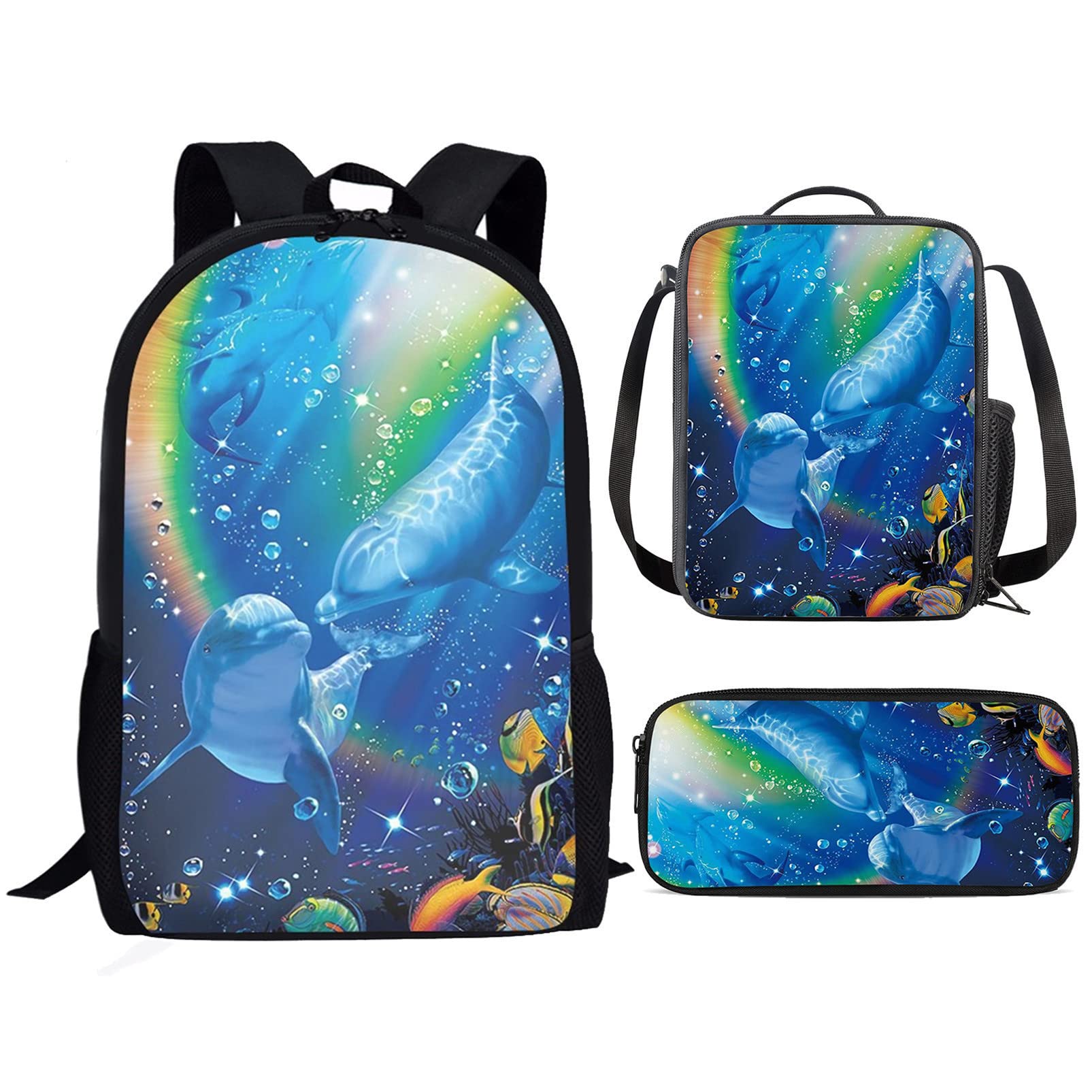 HUIACONG Dolphin School Bags for Girls Backpack and Luch Bag Pack Pencil Case 3 in 1,Boys Kids Rucksack Rainbow Ocean Design Bookbag with Water Bottle Holder