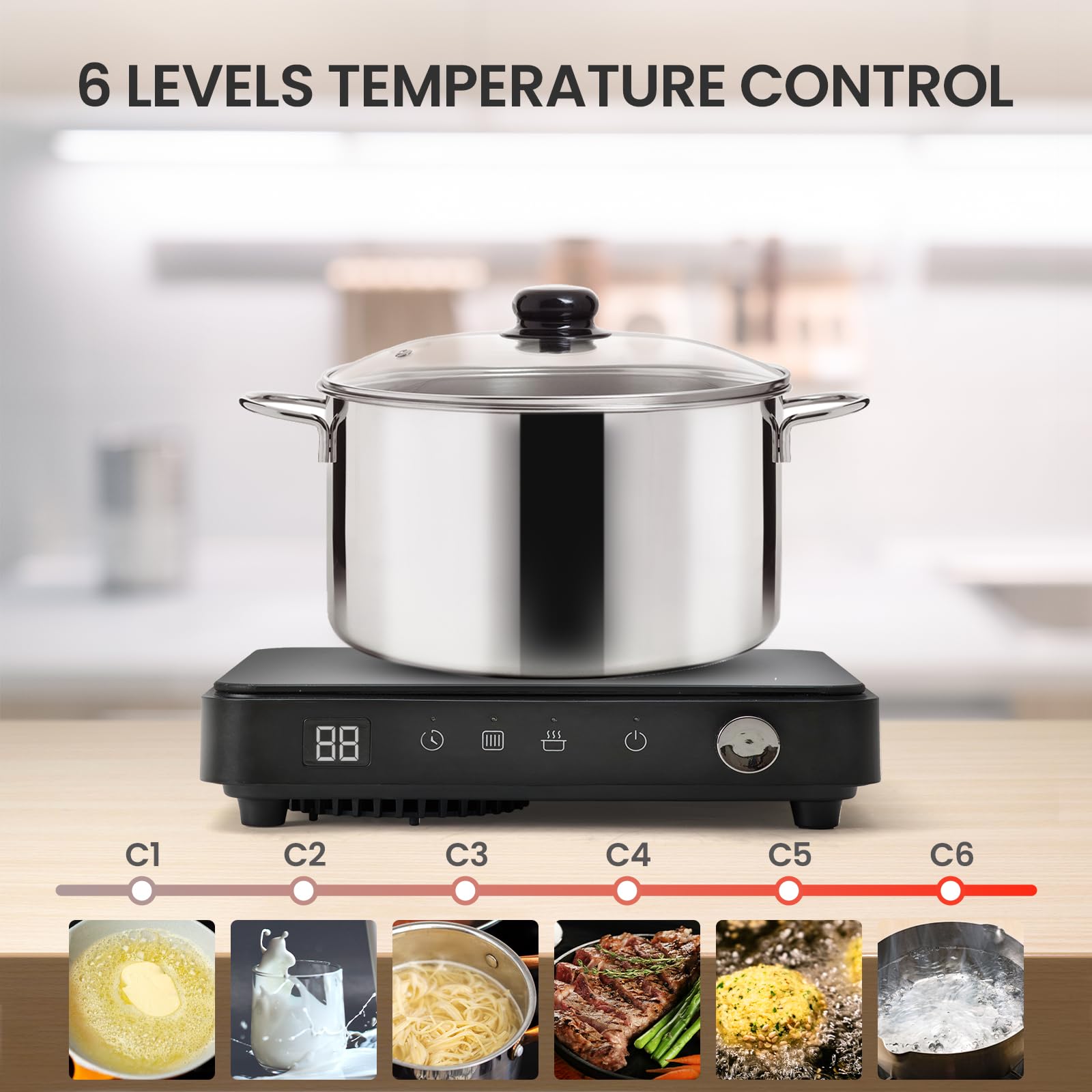 Olayks Portable Induction Cooktop 1500W with Grill Pan & Rack, Sensor Touch Hot Plate for Countertop, 6 Temp Levels, Auto Shut-Off, LED Display, Pot Detection, Electric Burner for Indoor BBQ & Cooking