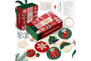 yuegool 6PCS Christmas Punch Needle Coasters Kit,Easy DIY Punch Needle Embroidery Kit for Beginners Adults Kids Including Patterns, Tools, Yarns, Hoop, Instruction, Coaster Holder Art Craft Supplies