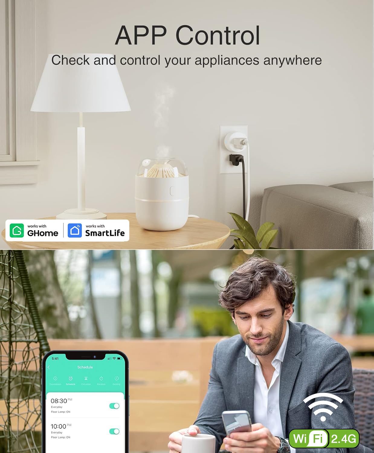 GHome Smart Plug Mini, WiFi Smart Outlet Plug Works with Alexa and Google Home, Timer Outlet with APP Control, Smart Plugs Only Supports 2.4GHz Network, No Hub Required, ETL FCC Listed, White - View 6