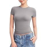 PUMIEY Women's Crew Neck Short Sleeve Tops Double Lined Slim Fit T Shirts Basic Tee Smoke Cloud Pro Collection