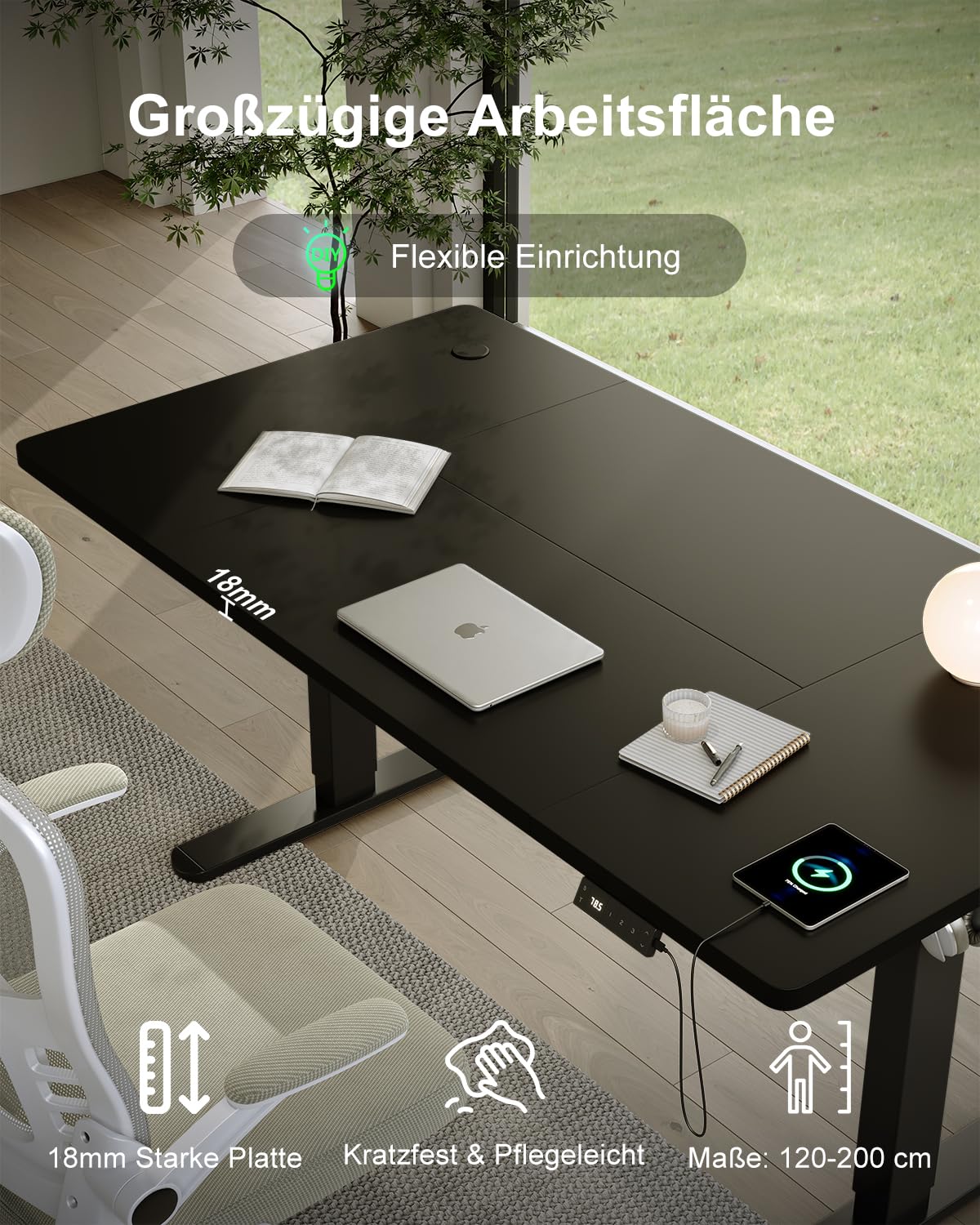 Devoko Höhenverstellbarer Schreibtisch 140x80cm mit Typ-C Ladeanschluss, Schreibtisch Höhenverstellbar Elektrisch, Mobiler Elektrisch Computertisch mit Kabel Management Tray, Schwarz 5