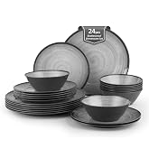 Joviton Home 24Pcs Swirl Grey Melamine Plastic Dinnerware Sets for 8 | Melamine Plates Set of 24PCS, Plates and Bowls Sets for Camping,Dishwasher Dafe,RV kitchen sets