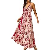 SHENHE Women's Summer Tropical Floral Halter Maxi Dress Open Back Empire Waist Flowy Boho Dress