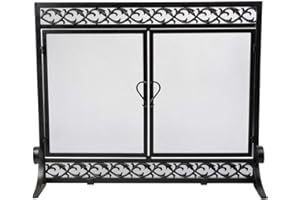 Plow & Hearth Metal Fireplace Screen Scrollwork Black | 44" W x 33" H | 2 Door | Spark Guard Grate | Fire Place Cover | Wood Burning Stove Accessories