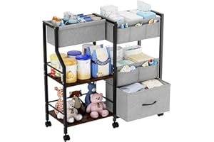 Baby Diaper Caddy Organizer and Storage, 3 Tier Rolling Cart with Dividers and Drawers, Bedside Utility Cart for Nursery Esse