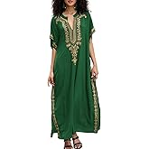 Women Embroidery Golden V Neck Arabic Dubai Kaftan Casual Beach Wear Cover Up Side Split Long Dress Blackish Green