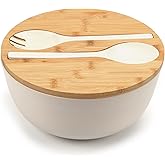 ShineMe Large Salad Bowl with Lid, Bamboo Fiber Salad Serving Bowl Set with Utensils, 9.8inches Mixing Bowl with Servers, Solid Bamboo Wooden Bowl for Candy, Salad, Fruits, Vegetables and Pasta(White)