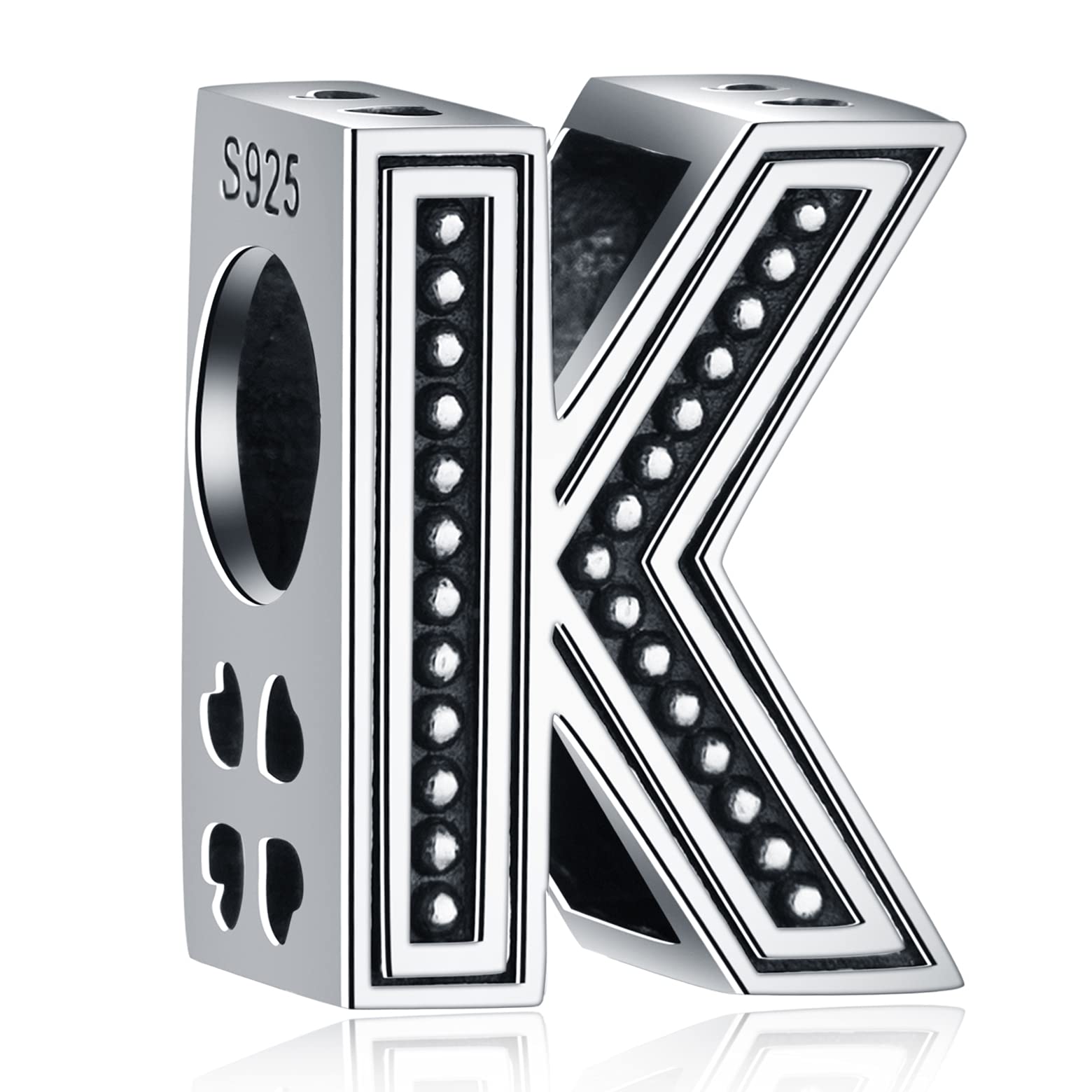 Letter K Charms, Initial K Alphabet Beads in Vintage 925 Sterling Silver, fits Pandora Charm Bracelet, Gift for Birthday
