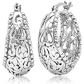 MAX + STONE Silver Filigree Earrings for Women with Click Tops | 925 Sterling Silver Earrings for Women with Anti-tarnishing Rhodium Plating | Sterling Silver Hoop Earrings