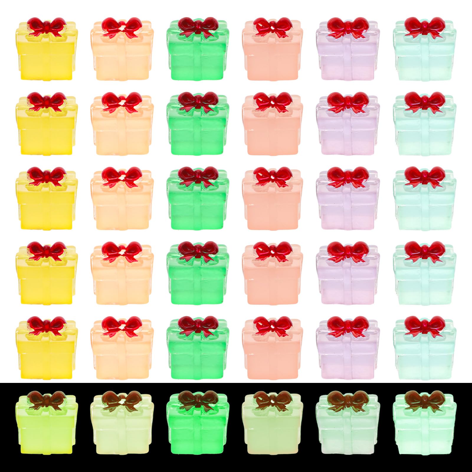 36pcs Mini Resin Gift Box, 6 Colors Miniature Luminous Christmas Small Resin Ornaments Tiny Gift Box Decor for Party Decoration Tree Present Supplies