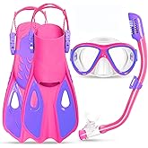 Snorkeling Gear for Kids Ages 5-15, 4 in 1 Mask Fins Snorkel Set with HD Tempered Glass Panoramic View Anti-Fog Mask, Dry Top Snorkel, Adjustable Trek Fins, and Mesh Bag, Kids Snorkel Set for Youth
