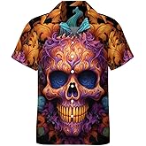 GHUALURU Novelty Pumpkin Skull Button Down Shirt Halloween Shirts for Men Hawaiian Shirts Short Sleeve