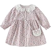 DAVE&BELLA Baby Girl Smocked Dress Long Sleeve Floral Print Sundress with Bag Princess Dress Toddler Cotton Playwear Outfits