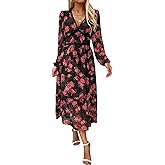 Women's Spring Wrap Maxi Dress Floral V Neck Long Sleeve Wedding Guest Party Casual Chiffon Dress