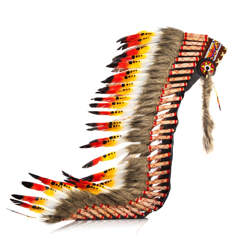 Pink Pineapple Handcrafted Native American Inspired Feather Headdress - Long - Orange, Red and Black