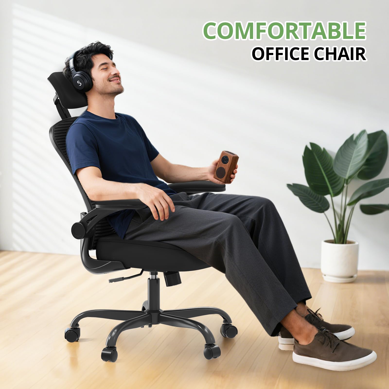 Silla de Oficina Silla de Escritorio Ergonómica, Capacidad de 330 Libras, Silla de Computadora con Respaldo Alto para Largas Horas Cómoda, Silla de Trabajo Ejecutiva Giratoria con Ruedas para Oficina en Casa con Reposabrazos Abatibles, Negro