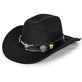 CXQRR Black Cowboy Cowgirl Hat for Women Men Western Style Wide Brim Felt Fedora Panama Hat with Detachable Belt Buckle