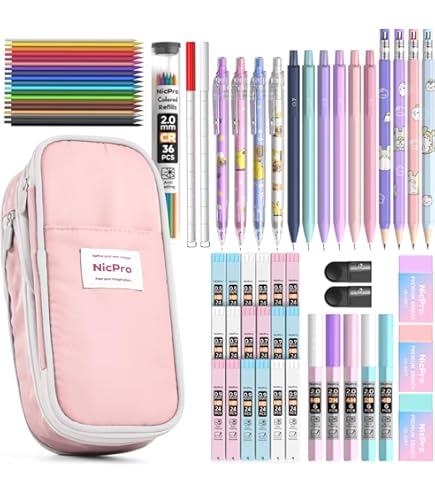 Mechanical Pencil Set With Cute Pencil Case, 12x Pastel Mechanical