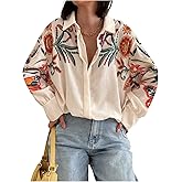 MakeMeChic Women's Floral Button Down Shirt Long Sleeve Collared Business Dressy Blouse Tops