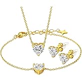 Noviya Valentines Gold Necklace Bracelets Earrings for Women Set, Hypoallergenic 316L Stainless Steel Heart in Cubic Zirconia 18K Gold Plated Jewelry Set, Day Birthday Gift for Her Thoughtful Jewelry for Every Woman You Love