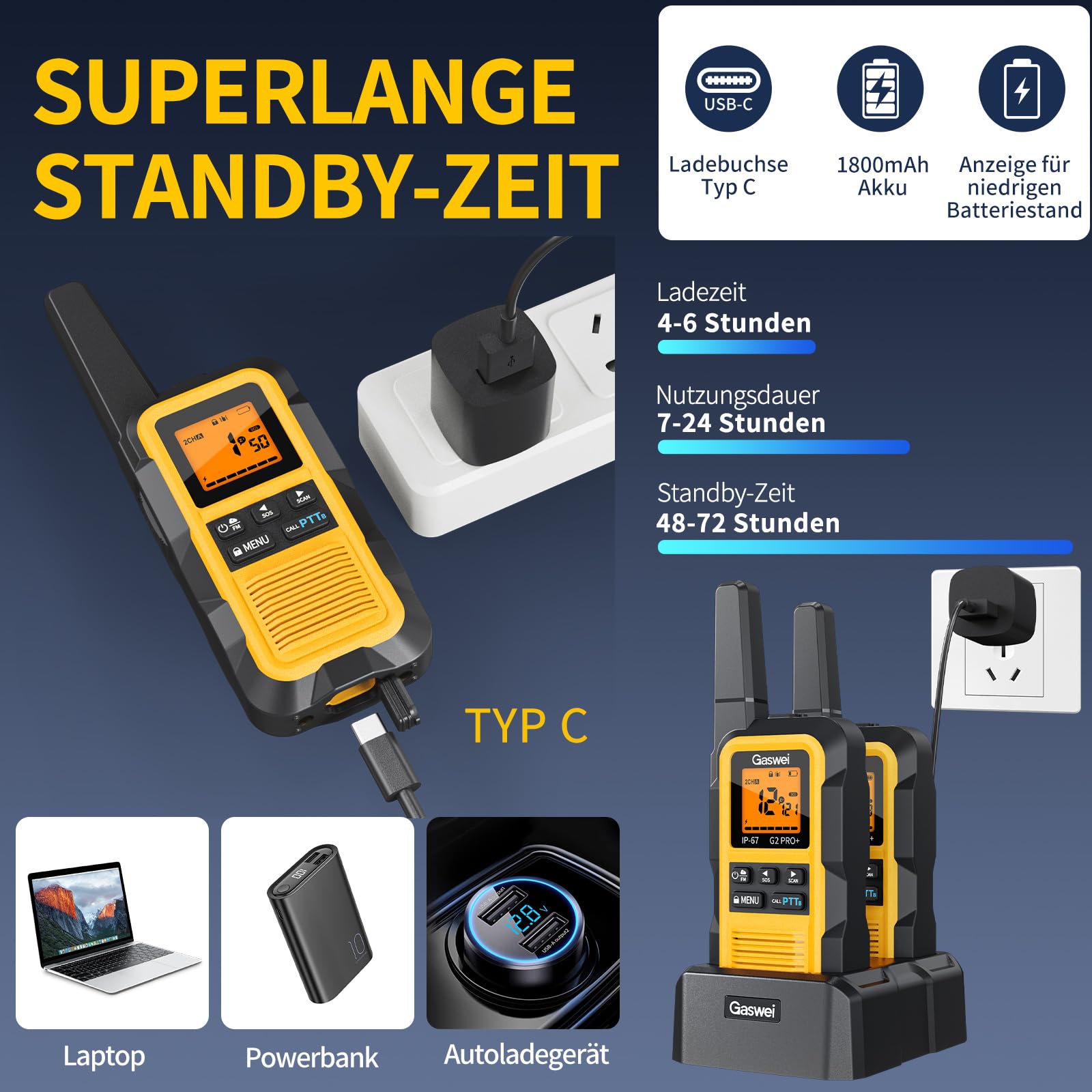 Gaswei G2Pro Professionelle Walkie-Talkies für Erwachsene [IP67 wasserdicht & schwimmfähig] Langstrecken-Funkgerät mit Doppel-PTT, VOX,SOS-Alarm,FM-Radio + Akku für Outdoor, (2er-Set in Gelb) 6