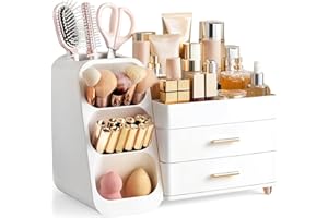 HBlife Makeup Organizer with Brush Holder for Vanity, Large Plastic Bathroom Countertop Organizer Skin Care Storage, Easy to Store Lipsticks, Nail Polishes, Perfumes, Eyeshadow Palettes, All White