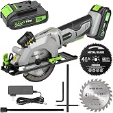 GALAX PRO Cordless Mini Circular Saw 20V 2.0Ah Compact Saw with Laser Guide | 3400RPM, 2x 4-1/2" Blade for Wood, Plastic, Soft Metal Cutting, Rip Guide, Rubber Handle, Bevel Cut 0-45&deg;, Vacuum Adaptor