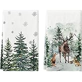 Artoid Mode Elk Trees Snow Hello Winter Kitchen Towels Dish Towels, 18x26 Inch Seasonal Christmas Decoration Hand Towels Set of 2