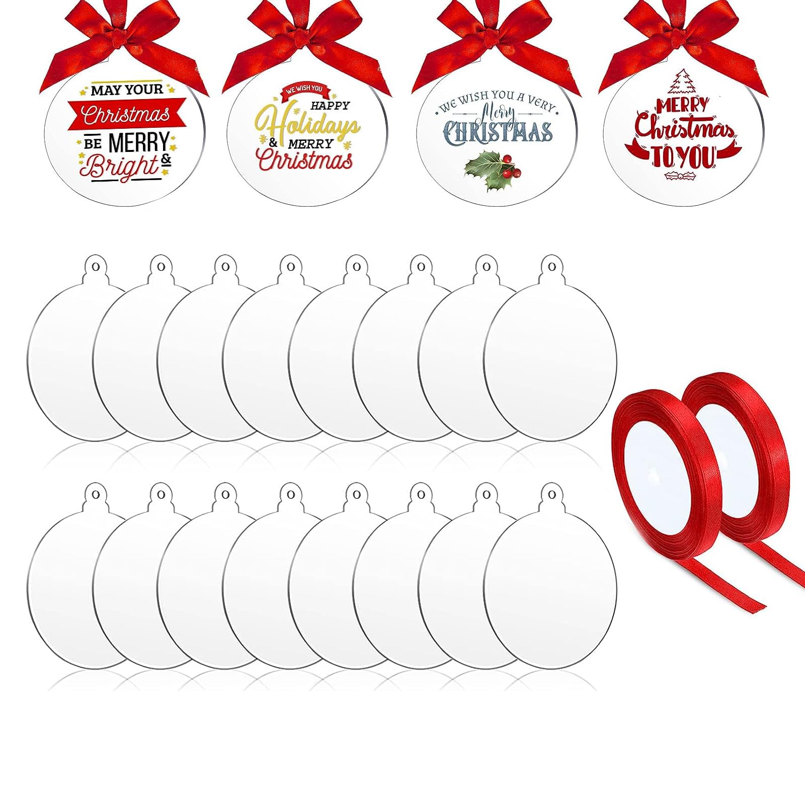 DMJOULI 50 Pcs Acrylic Christmas Bauble Clear Round Ornaments Baubles with Red Ribbon,Flat Baubles for Craft,DIY Christmas Ornaments Decorate Christmas Tree holiday Party(7.6cm).