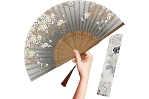 OMyTea Folding Hand Fan for Women - Foldable Chinese Japanese Vintage Bamboo Silk Fan - for Hot Flash, Church, EDM, Music Festival, Party, Dance, Performance, Decoration, Gift (Gray Sakura)