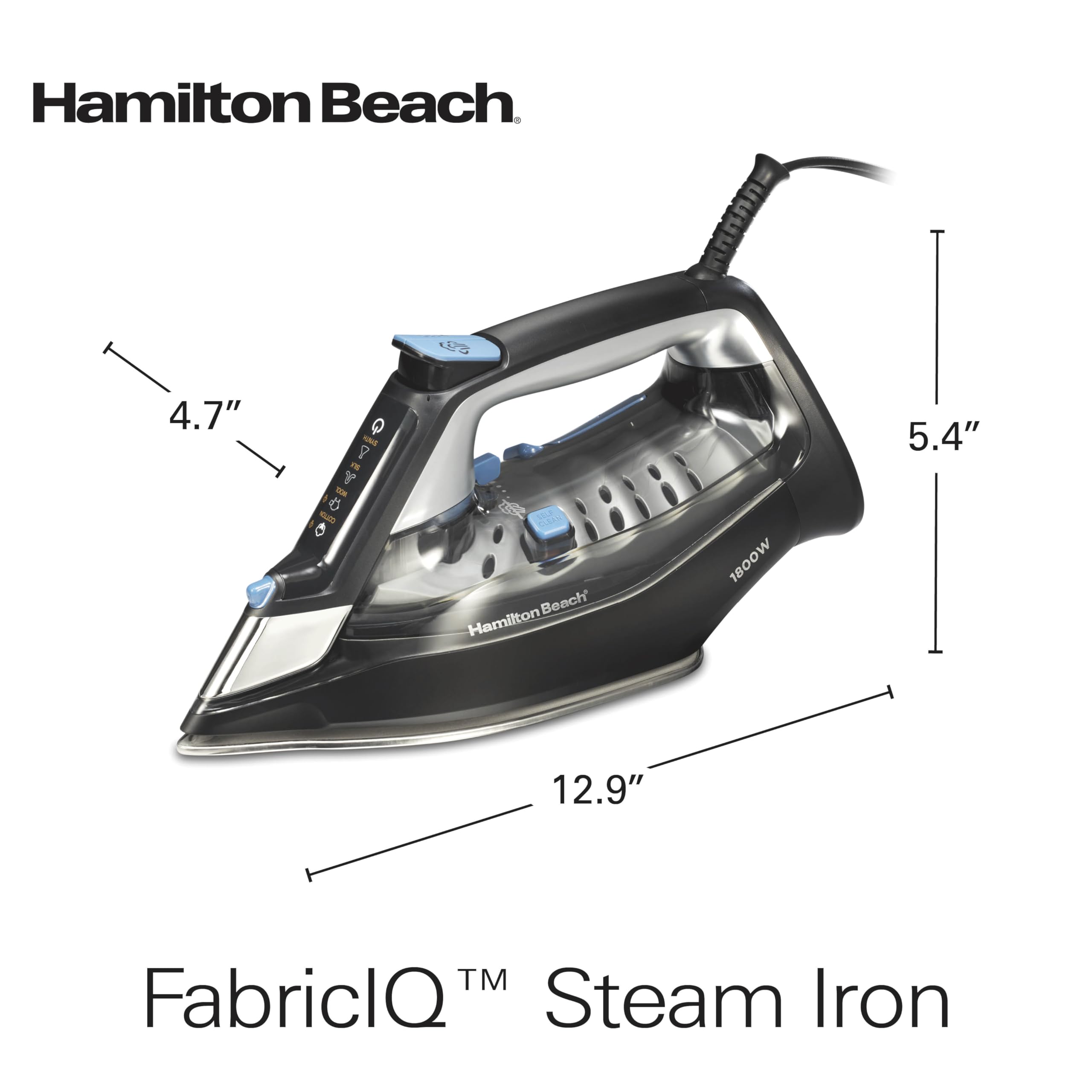 Hamilton Beach Steam Iron for Clothes & Garment Steamer with Intuitive FabricIQ Touchpad, Durable Stainless Steel Soleplate, 3-Way Auto Shutoff, 1800 Watts, 350ml Water Tank, 10' Cord, Black (14950)