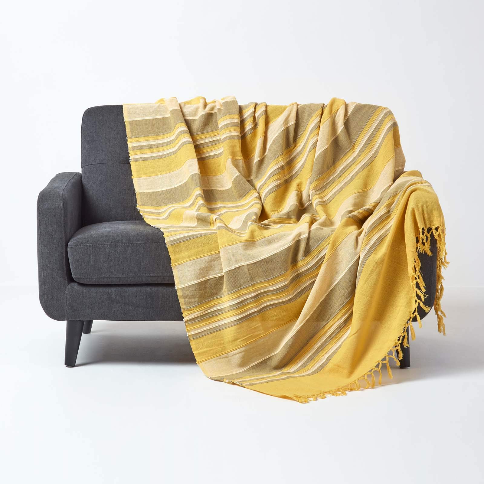 HOMESCAPES Large Yellow Throw “Morocco” Cotton Textured Stripe Throw 225 x 255 cm Bedspread Sofa Throw Handmade Suitable for 2 or 3 Seater Sofas or Double and King Size Beds Machine Washable