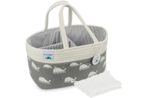 Lemonfilter Baby Diaper Caddy Organizer, Nursery Storage Bin Portable Car Organizer with Detachable Divider, Changing Table Organizer with Muslin Burp Cloth (Whale)